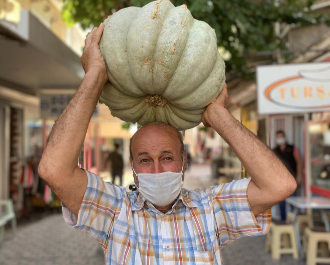 Turgutlulu çiftçinin yetiştirdiği dev kabaklar ilgi çekiyor